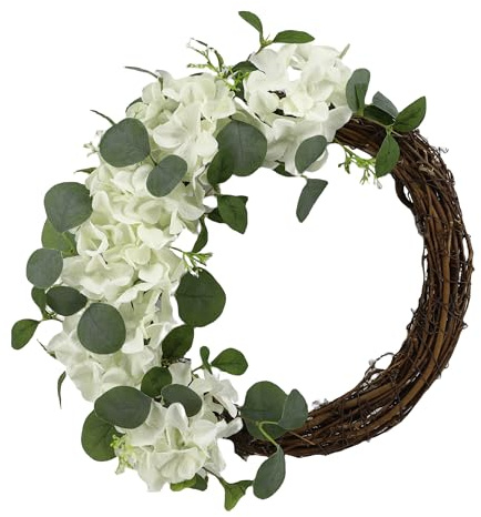 COLLECTIVE HOME Künstlicher Kranz, 50,8 cm, künstlicher Kranz für Haustür, Frühlingsgrünes Blatt für Fensterhochzeit, Zuhause, Veranda, Terrasse, Gartendekoration (Weinreben, cremefarbene Hortensien)