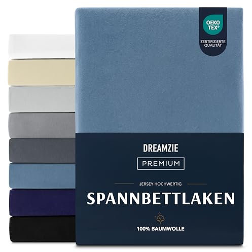 Dreamzie Premium Spannbettlaken 80x200 cm, Spannbetttuch für Dicke Matratzen bis zu 12 cm, Bettlaken 100% Jersey Baumwolle, 150 g/m², Oeko-TEX Zertifiziert - Blau