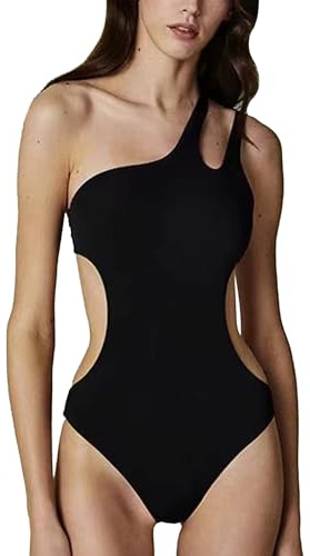 Hanaoops Women's Swimwear One Piece Swimsuit Tummy Control Bathing Suits One Shoulder Cut Out Tankini Swimming Beach Wear Black
