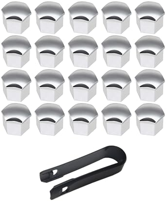 VSREI 20 Pièces Cache Ecrou 17mm Ecrou Couvre - Cache Boulon Ecrou Couvre avec Outil Demontage Écrou de Bouchon à vis de Moyeu de Pneu pour Voitures Capuchon de Protection de Ecrou (Argenté)