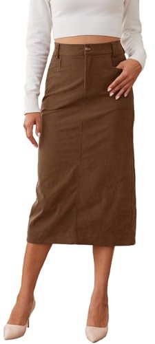 HERBATOMIA Women’s Long Pencil Skirt Corduroy Brown Vintage Back Slit Winter High Elastic Waisted Midi Skirts for Women with Pocket