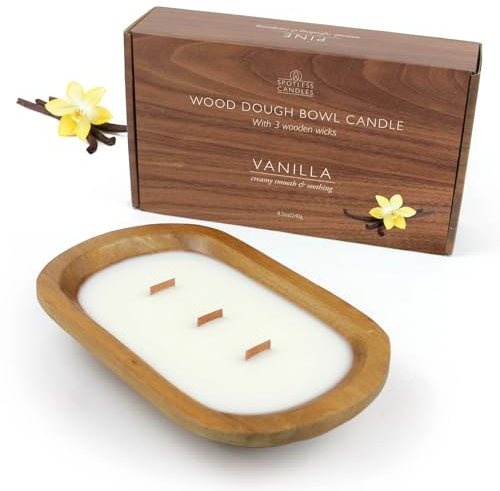 Spotless Leopard Pure Vanilla Bowl Candle - Wooden Dough Bowl Candle with Three Wooden Wicks - 620g (1.36 lbs) - Relaxing Cozy Vanilla Scent