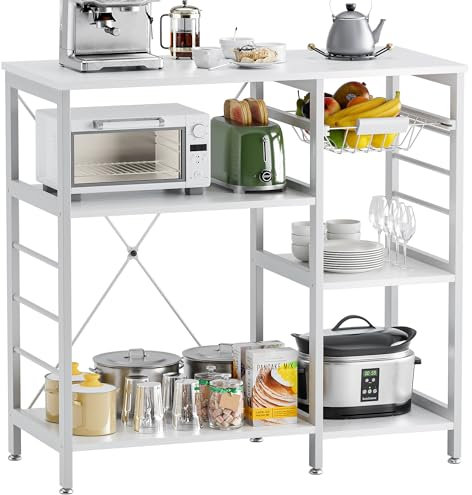 vovala Küchenregal Bäckergestell, Mikrowellenständer mit Bambusrahmen, 90cm Kaffeebar mit Drahtkorb und 6 Haken, 3-stöckiger Küchenregalständer für Küche, Wohnzimmer, Büro, Weiß