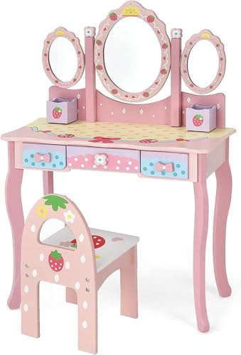 Fantasks sminkbord för barn med hopfällbar spegel, rosa sminkbord med sminkpall och 3 lådor, sovrum sminkbord för flickor från 3 år