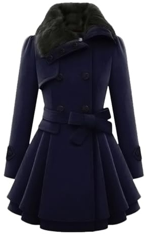 ticticlily Manteau en Laine Femme Hiver Épais Veste à Revers avec Double Boutonnage et Ceinture A Bleu Marine M