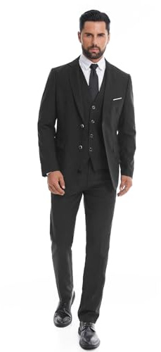 Mens Suit 3 Piece Slim Fit Two Button Single Breasted Solid Tuxedo Blazer Vest Pants Set for Wedding Prom Formal Business, Black, L