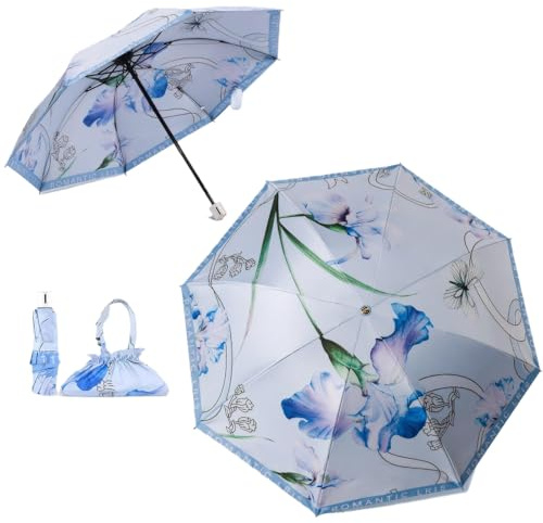 Meichoon Ombrello con una borsetta UPF50+ Protezione UV portatile leggero impermeabile a doppio strato migliorato antivento retrò classico fiore stile vintage per donne viaggi