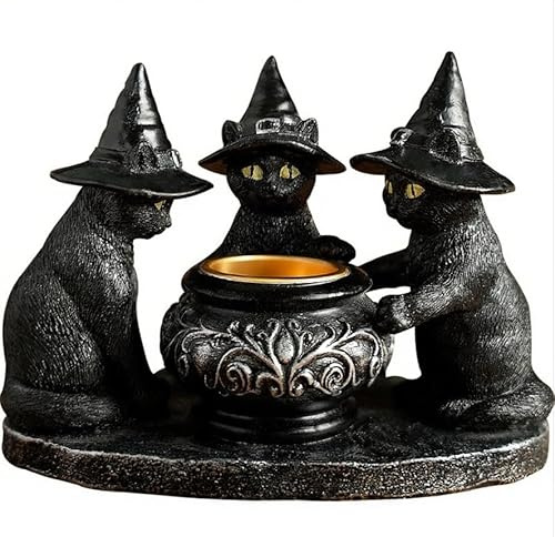 Hitchuey Portacandele di Halloween con motivo streghe e gatti, in resina gotica scura, portacandele per aromaterapia, decorazione della casa (soggiorno, tavolo da pranzo, cucina)