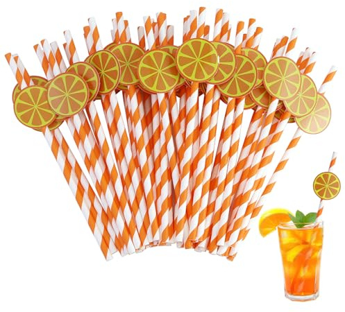 50 st randiga papperssugrör, engångssugrör söt frukt tema dekorativt party papper halm för höst blad höst bröllop baby dusch dekorationer festtillbehör (orange)