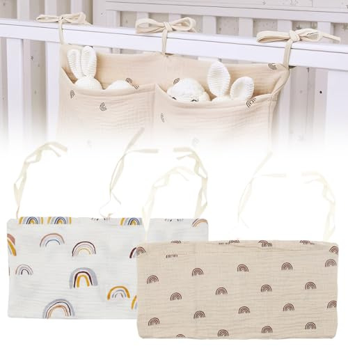 2 Pièces Organiseur Lit Suspendu Bébé, Sac Rangement pour Lit Bébé, Pochette Rangement Berceau, Organisateur Berceau avec 2 Poches pour Stockage Vêtements Couches Jouets (Arc-en-ciel)