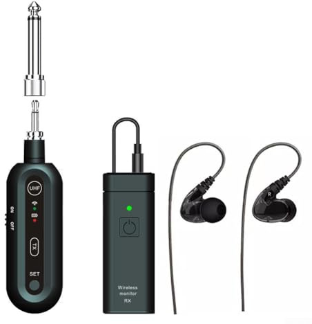 HEBEOT Sistema di monitoraggio in-ear wireless UHF con trasmettitore e ricevitore Beltpack, accoppiamento automatico 8 frequenze preimpostate, portata 50 m, struttura ABS, risposta in frequenza 75Hz