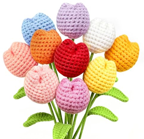 10 Pezzi Fiori Uncinetto Bouquet Tulipani Finti, Prodotto Finito, Set Uncinetto Tulipano Artificiali Fiori Conservati, Regali all Uncinetti Piante per Amica Donne, Festa Della Mamma, Matrimonio