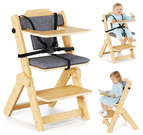 Seggiolone in legno, multifunzionale, ergonomico, regolabile in altezza, con cintura di sicurezza a 5 punti, per 6 mesi fino a 10 anni, portata 25 kg, montaggio facile