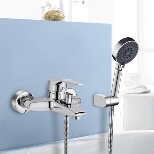 WOOHSE Badewannenarmatur mit Handbrause, Mischbatterie Badewanne mit 5 Funktionen, Chrom Wannenarmatur aus Messing, Wasserhahn Badewanne mit Schlauch und Wandhalterung, Aufputz Armatur Badewanne