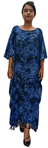 Cool Kaftans Chic Tye Dye Multicolore Kaftano Plus Donna Donna Lungo Collo Rotondo Spiaggia Astratto Batik Blu Taglia unica