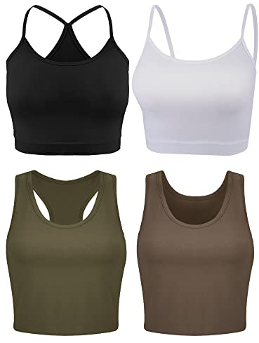 BOAO 4 Pieces Basic Crop Tank Tops Sleeveless Racerback Crop Top for Women(Black, White, Army Green, Coffee,Small)