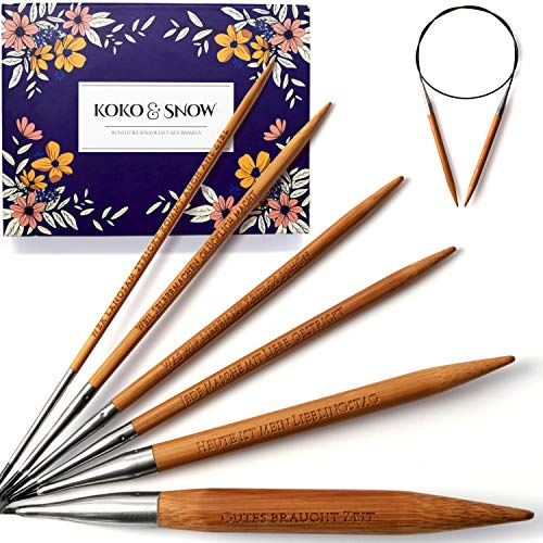 KOKO & SNOW Rundstricknadeln Set aus Bambus mit eingravierten Sprüchen [Geschenkidee] 6er Stricknadeln Set: 3; 4; 4,5; 5; 8 und 12mm Strickset