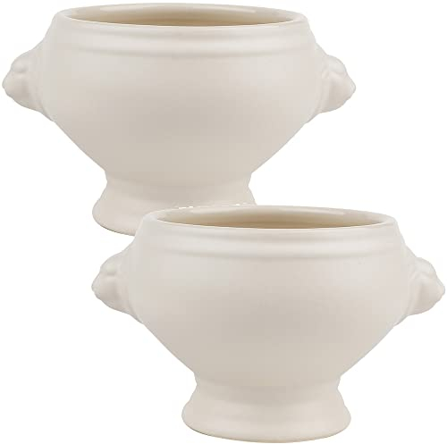 TAMUME Cuenco para Sopa de Porcelana con Acabado Mate y Asas, Estilo Cabeza de León para Sopa de Cebolla Francesa, Juego de 2 (Blanco * 2)