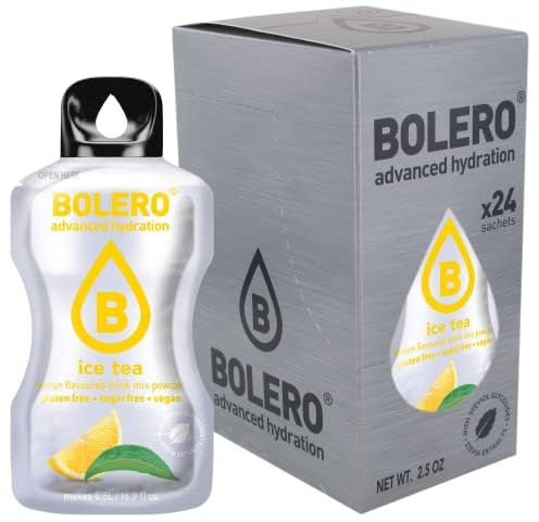 Bolero Drink 24 Bustine 3 gr grammi Sticks Frutta Preparato Polvere Solubile Per Bevanda Fresca in Acqua Prodotto, 72 grammi dolcificato alla stevia (Ice Tea Lemon)