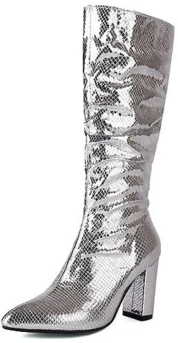 Bottes d'équitation Talons Hauts plissés métalliques Scintillants Femmes,Bottes à la Mode à Bout Pointu et à Talons Hauts en Peau Serpent métallique,soirée Mariage Chaussures,Argent,38 EU
