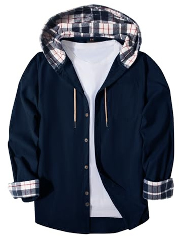 SwissWell Camisas de Franela para Hombre Camisa Casual de Manga Larga con Capucha Camisa de Leñador a Cuadros con Botón y Bolsillo