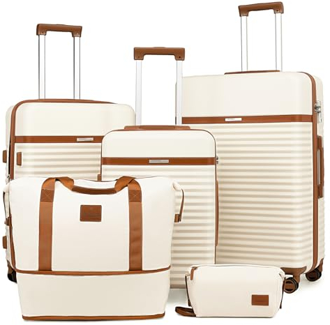 Joyway Kofferset 5tlg von ABS Hartschalen Erweiterbar Trolley Kofferset mit 4 Rollen und TSA-Schloss Der Gepäcksets Enthält 1 Reisetasche und 1 Kulturbeutel Weiß