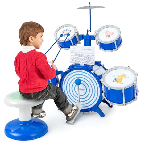 GOPLUS Kit de Batterie de Jazz pour Enfants avec 5 Tambours, 1 Cymbale, 2 Baguettes, 1 Pupitre et Pédale, Ensemble de Tambours avec Tabouret, Jouet Instrument de Musique pour Enfants 3+Ans, Bleu
