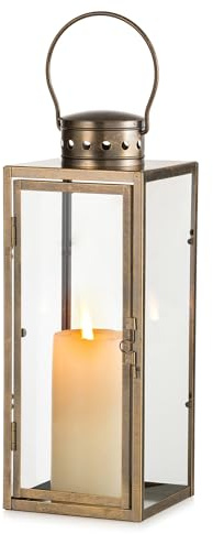 NUPTIO Vintage lyktor Guld Distressed: 35cm Tall Dekorativ Hängande Farmhouse Metall Lykta Inomhus Dekor med Glas - Ljushållare för Halloween Hem Mantle Vardagsrum Patio | 35 cm metalldekoration stressed guld urngrav utomhus halloween väderbeständig ljuslykta lykta trädgård rock vardagsrum