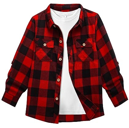SwissWell Camisa a Cuadros de Manga Larga Franela para Niños Otoño Clásica con Botones Ropa