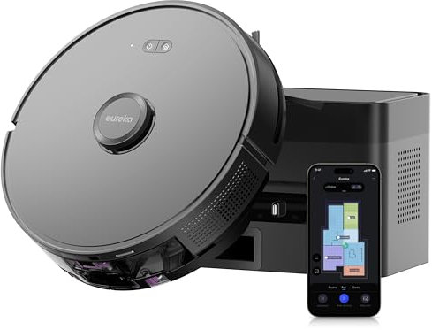 EUREKA E6 Plus Robot Aspirador y Fregasuelos, 5000Pa Succión Potente, Base de Vaciado Automático 2.5L,Sistema LiDAR preciso, Control por App, Diseño Anti-enredo, Ahorrador de Espacio,Mapa Multicapa