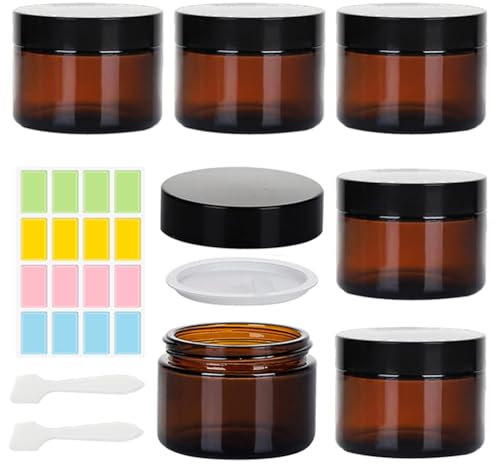 Amber Glas Leerdose, 6 Stück Salbentiegel 50ml Creme Behälter mit 2 Spatel und Aufkleber, Kosmetik Behälte, Cremedosen zum befüllen von Kosmetika, Lotionen, Cremes