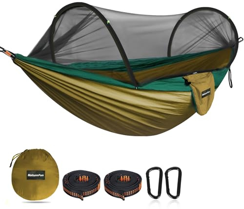 NATUREFUN Ultralätt resehängmatta pop-up insektsnät hängmatta 300 kg lastkapacitet, andningsbar, snabbtorkande fallskärmsnylon 2 premium karbinhakar, 2 trädslingor ingår utomhusvandring