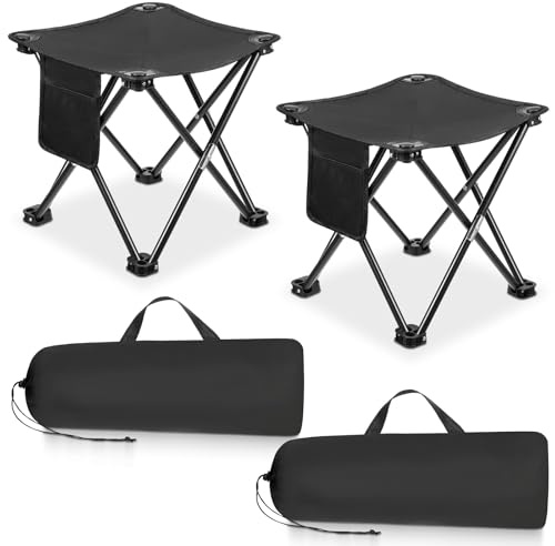 2 Pack Camping Stool 13 Inch Portable Folding Camp Stool with Side Pocket for Camping Fishing Hiking Gardening Outdoor Walking, Foot Stools with Carry Bag, Black