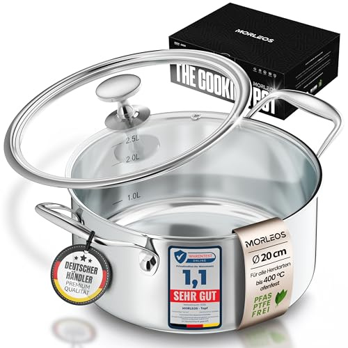 MORLEOS Suppentopf mit modernem, flachem Glasdeckel, 3 Liter Edelstahltopf Ø 20x10 cm - Induktion spülmaschinenfest - 5-Schicht - energiesparender kleiner Topf