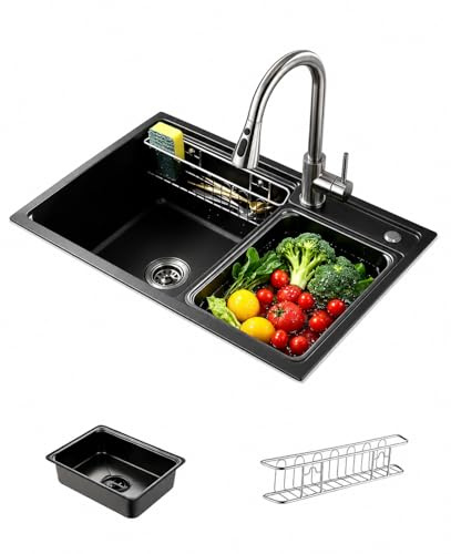 Baollansa Fregadero de Cocina de Acero Inoxidable 68x46 cm, 1 Cubeta con Sifón, Desbordamiento y Accesorios de Vaciado, Fregadero Moderno Multifuncional Negro para Encimeras > 80 cm (Gris Negro)