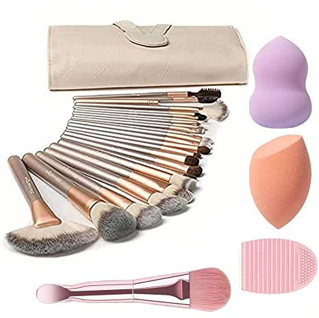 Makeup Brush Sets, NEVSETPO 28PCS Synthetic Makeup Kits Include 24 Makeup Brushes,2 Beauty Blenders, 1 Dual End Masks Spatula, 1 Brush Set Cleaning Mat, Travel-Friendly Makeup Case, Champagne