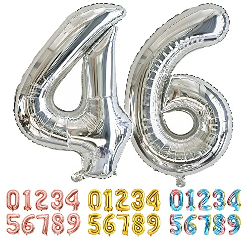 Ponmoo Foil Balloon Number 46/64 Silver, Giant Numbers 0 1 2 3 4 5 6 7 8 9 10-19 20-29 30-39 40-49 50-60-70-80-90-100, Large Balloons for Wedding Anniversary Birthday Party Decoration