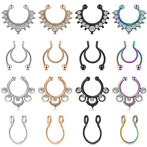 AceFun 16 Piezas Falso Piercing Nariz Falso Anillos de Septum Acero Inoxidable con Claro CZ Falso Aro Nariz Septum sin Perforación para Hombres y Mujeres