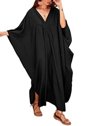 Bsubseach Women Casual Kaftan Dress Batwing Sleeve Plus Size Swimsuit Cover Up Maxi Caftan Dresses Black