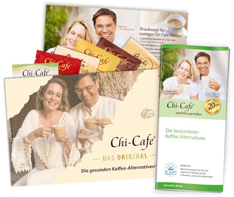 Chi-Cafe Probierpaket I 5 Musterbeutel für je 2 Tassen Kaffee I Chi-Cafe-Flyer I Produktvariationen: Chi-Cafe balance + classic + bio + proactive + free, ReiChi Cafe I Vegan