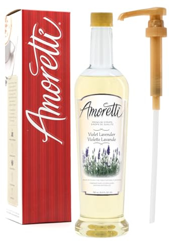 Amoretti - Premium Violet Lavender Syrup, 94 Servings Per Bottle (750 ml), with Pump for Flavoring Coffees, Cocktails, and other Beverages, Gluten Free, GMO/GEO Free, Preservative Free