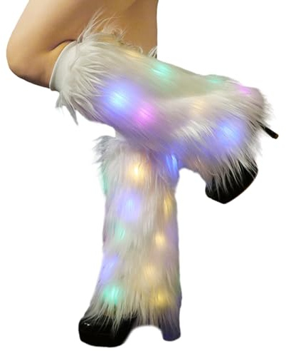 Altsuceser LED lurvig fuskpäls benvärmare, lyser upp fluffiga bagageskydd för kvinnor flicka fest tillbehör set, Vitt, en storlek