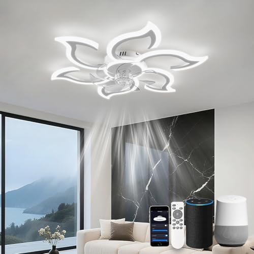 LJX LED-taklampa, tyst fläkt, kompatibel med Alexa och Google Assistant, 88 cm, DC takfläkt med ljus och fjärrkontroll, 2,4 GHz, wifi, dimbar timer för vardagsrum, vit
