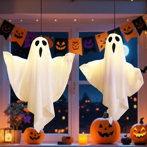 Starnearby Halloween Deko Outdoor, LED Hängende Geister 50CM, Lichterketten Halloween Geist Hängende Dekoration für Party, Terrasse, Rasen, Garten, Vorgarten Deko (2Pcs Weiß)