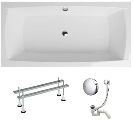 VBChome Badkar 140 x 70 cm, vit, akryl, rektangulära badfötter, sifonbadkar, centralt avloppsdesign, modern avloppssats i krom, badkar med badfötter
