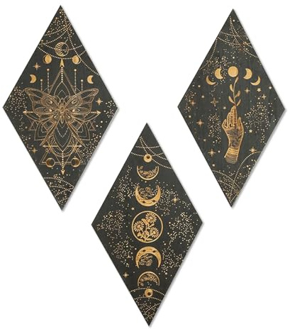 Penbinmall Wanddeko Wohnzimmer,3 Stück Mondphasen Wanddeko,Rhombisch holzdeko,wanddeko schlafzimmer,Mandala Holz Boho Wand Deko wandbild für Esszimmer Büro Küche Korridor
