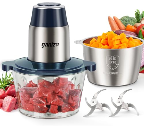 GANIZA Food Processors, Electric Chopper with Meat Grinder & Veggie Chopper - 2 Bowls with Powerful Copper Motor - Includes 2 Sets of Bi-Level Blades for Baby Food/Meat (Blue, 8 Cup+8 Cup)