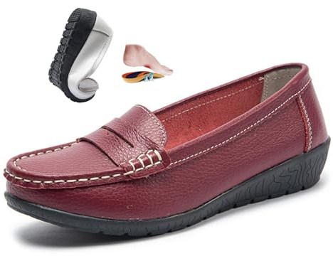 Mocassins orthopédiques pour femme en cuir respirant, large coupe mocassins classiques, mocassins de conduite, travail, chaussures d'allaitement, rouge, 36 EU