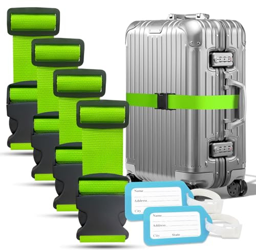 YORFULL 4 Piezas Cinta para Maletas de Viaje, Correas para Maleta con 2 Etiquetas, Correas Ajustables para Maleta, Accesorios Esenciales para Viajes, 180 cm de Largo