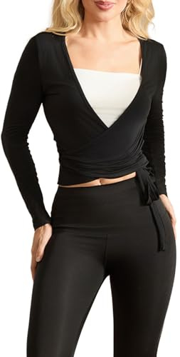 Siyova Women Long Sleeve Cross Wrap Tops Casual Slim Fitted Shirts Deep V-Neck Tie Tops Workout Pilates Ballet Yoga Gym Sports Top Cardigan (Black, M)
